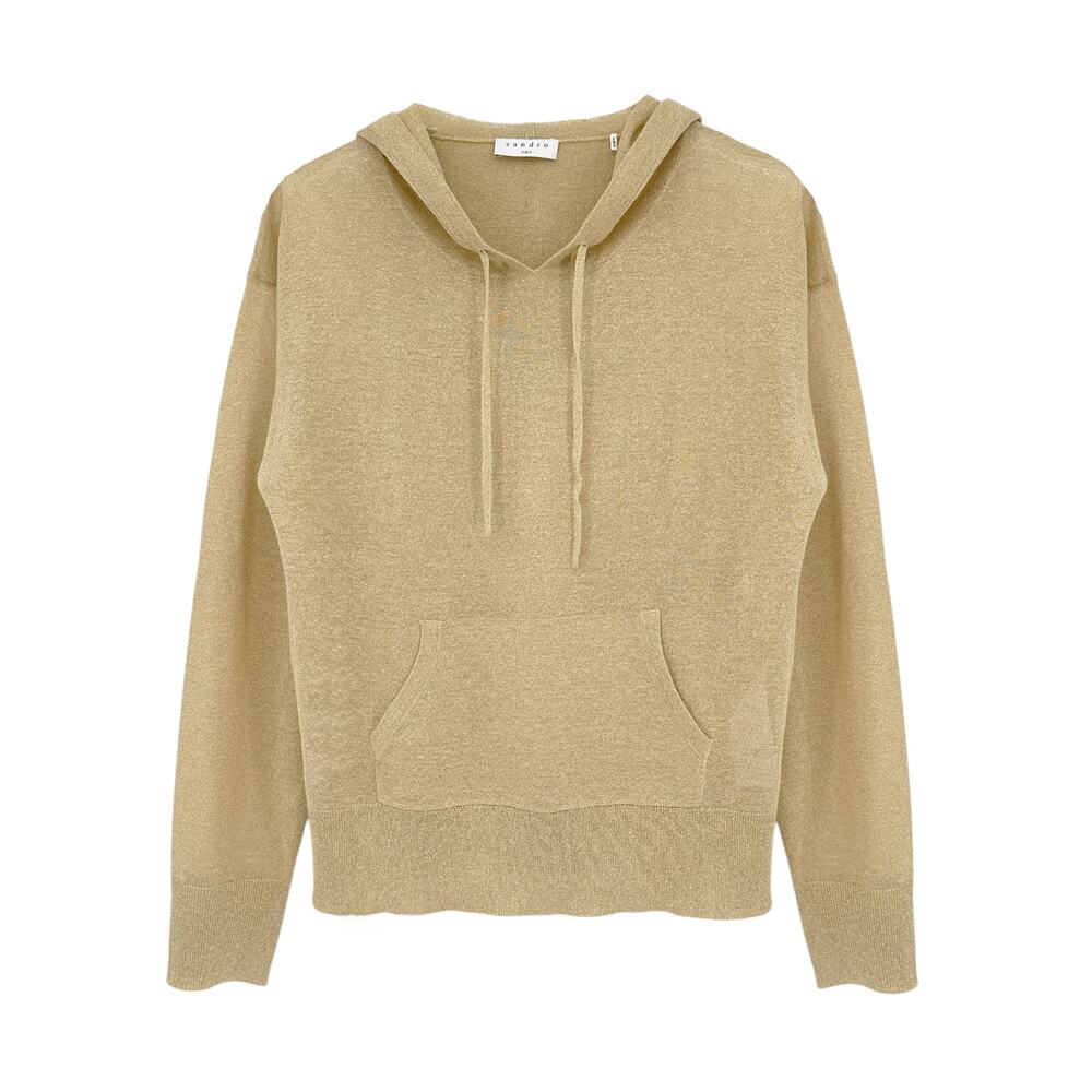 SANDRO Oxygene Sparkling Metallic Fine Knit Hoodie in Gold 1|S